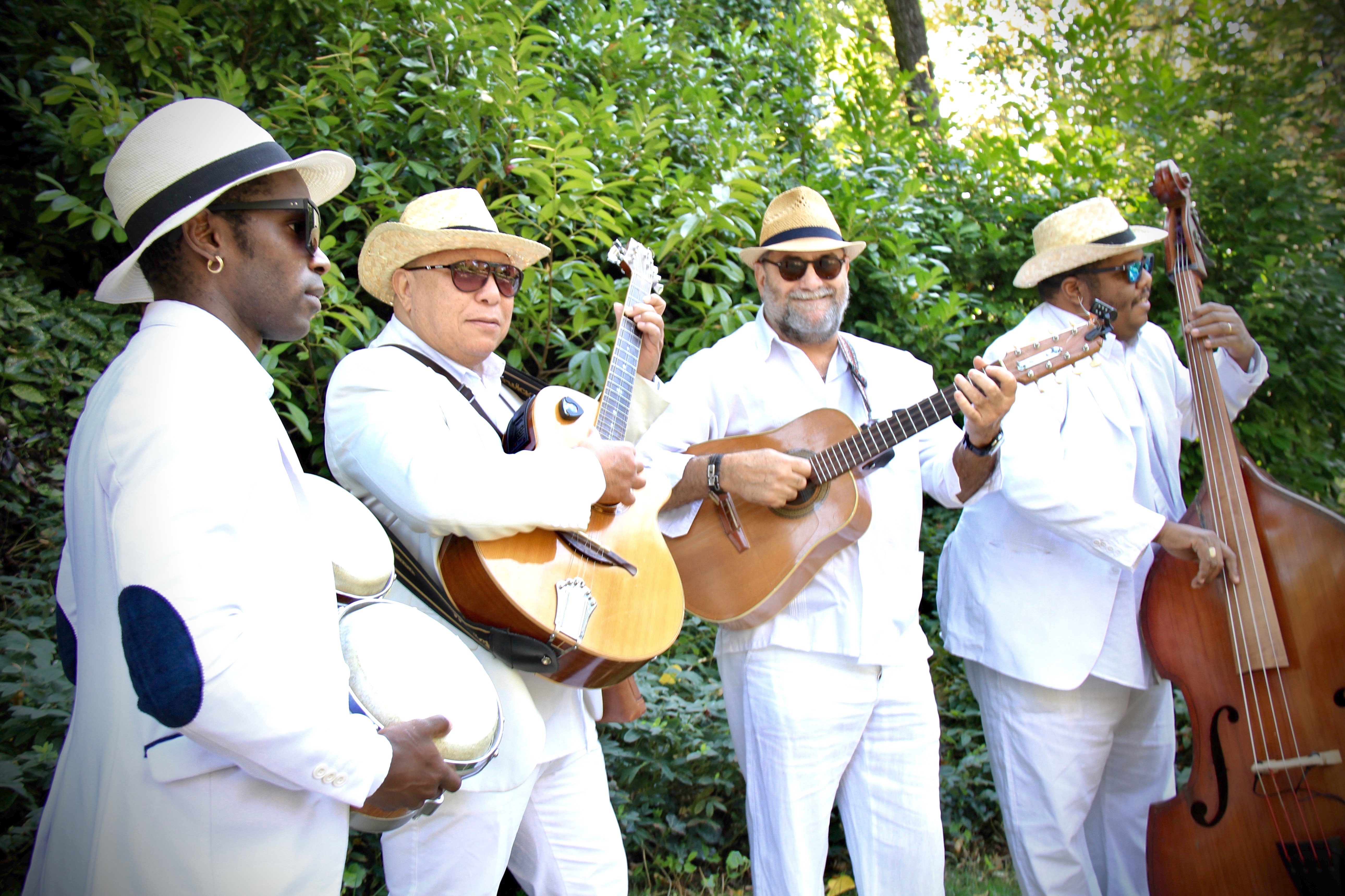 Café Cuba — quatuor en costume blanc et chapeau Panama
